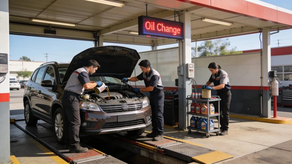 Drive‑thru oil change with a vehicle being serviced and staff at work