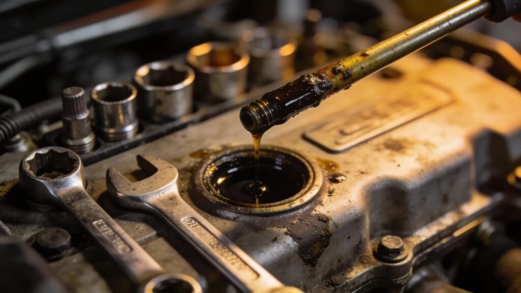 Close-up of engine oil being poured into an oil fill port, with sockets and wrenches resting on the valve cover.