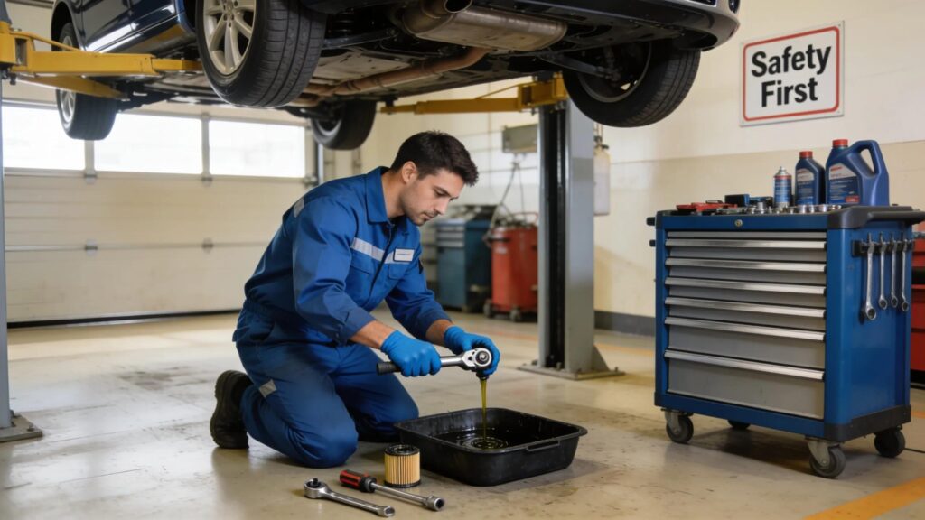 Mechanic in blue coveralls draining used engine oil into a drain pan under a car raised on a shop lift