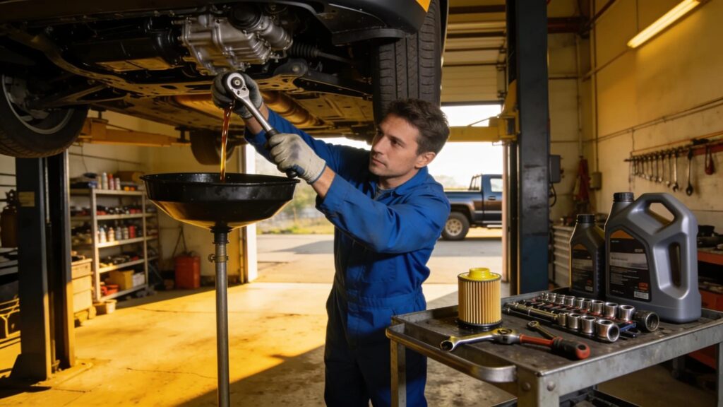 A mechanic changing motor oil on a car in a garage