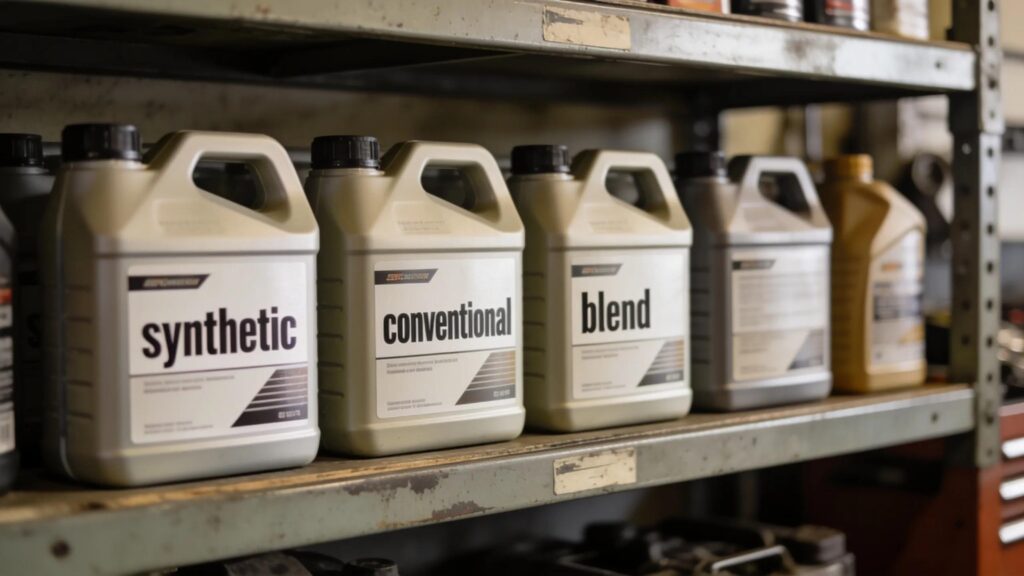 Jugs of synthetic, conventional, and synthetic blend motor oil lined up on a shop shelf showing the three oil types