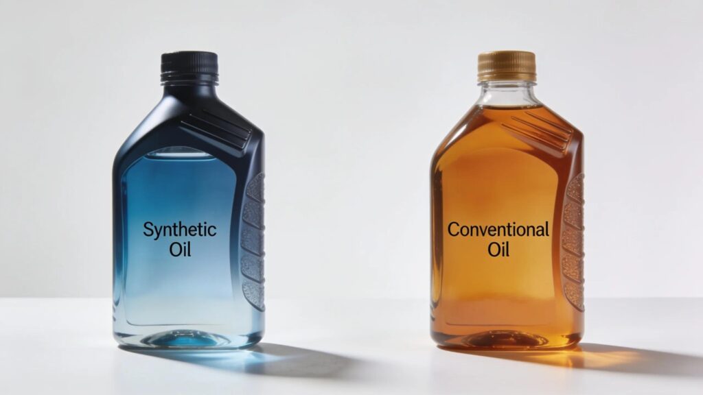Two oil bottles side by side comparing synthetic and conventional oil properties