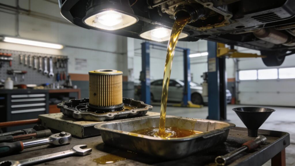 Used engine oil draining from a car's drain plug into a metal pan beside a new cartridge oil filter in a repair shop
